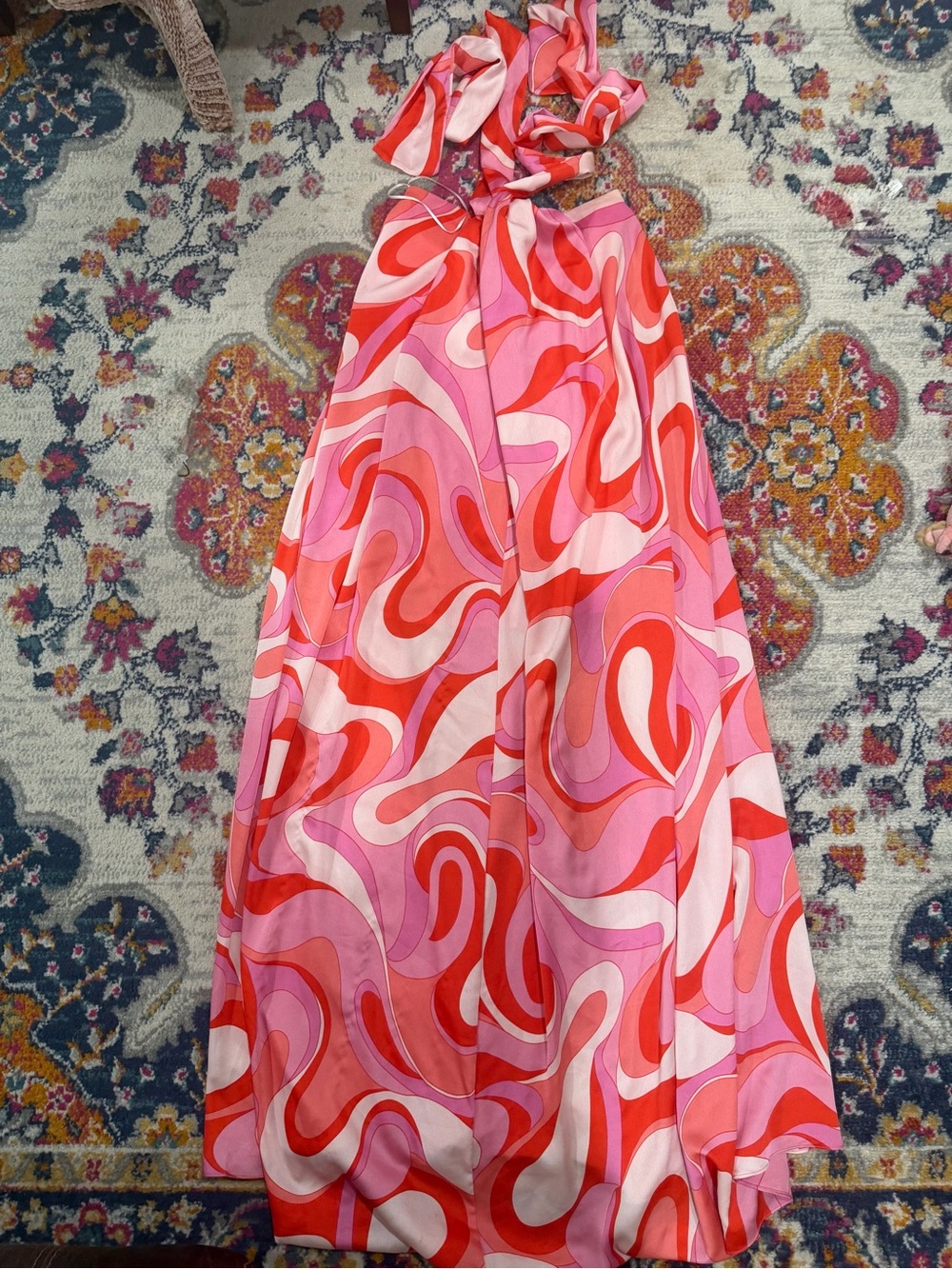Aakaa Pink & Red Swirl Backless Maxi Dress